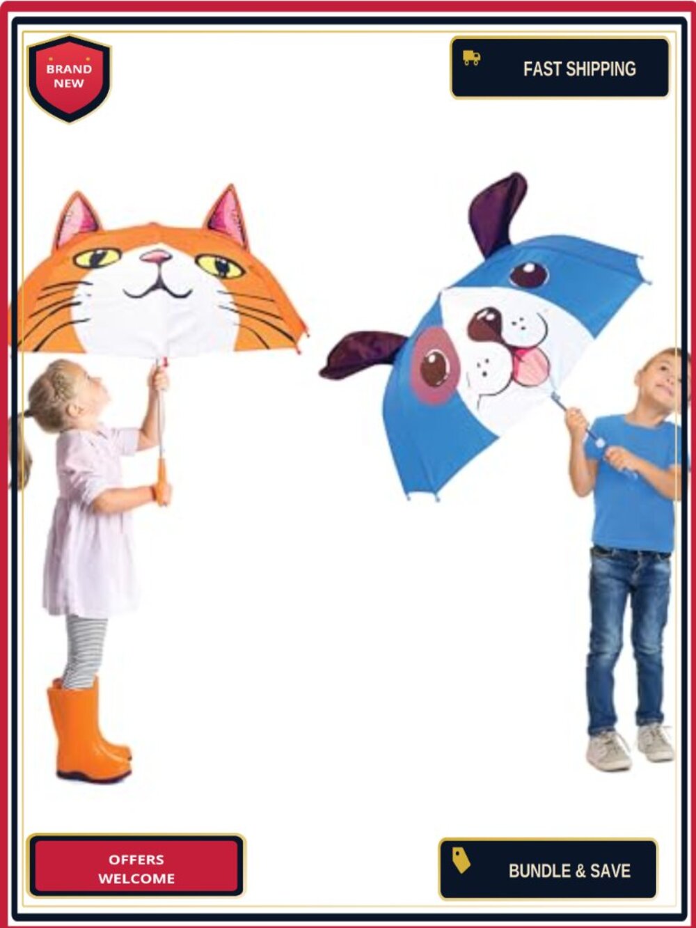 Kids Animal Character Stick Umbrella with 3D Ears Manual Open